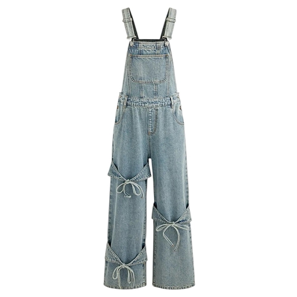 Cider Bow Knot Buckle Up Wide Leg Denim Overalls Size XS NWT